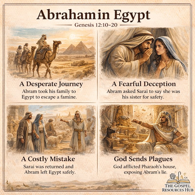 Abram and Sarah in Egypt Sunday school infographic: A visual representation of Abram's fear versus God's faithfulness in Genesis 12, featuring Egyptian symbols and the theme of trusting God's protection.