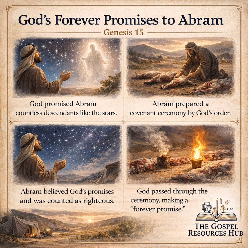 Bible story infographic for kids showing Abram looking at the stars and the smoking firepot covenant ceremony from Genesis 15
