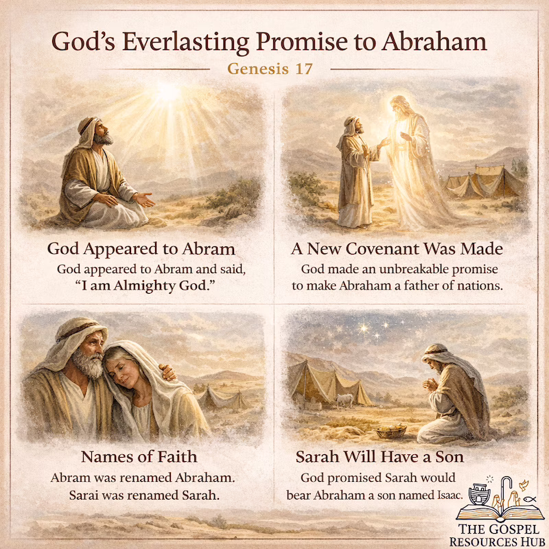 Bible story for kids illustration of God's covenant with Abraham and Sarah in Genesis 17 featuring the promise of Isaac and an everlasting covenant theme