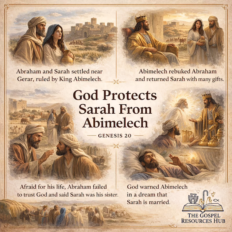 Free printable Sunday school lesson illustration of Genesis 20 showing God's protection of Sarah and His faithfulness to Abraham in the palace of King Abimelech.