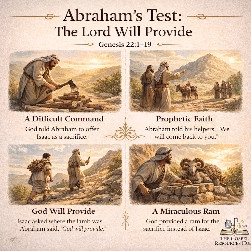 Free printable Sunday school lesson illustration of Genesis 22 showing Abraham and Isaac on Mount Moriah with the ram caught in the thicket, highlighting the Bible story of God Provides a Lamb.