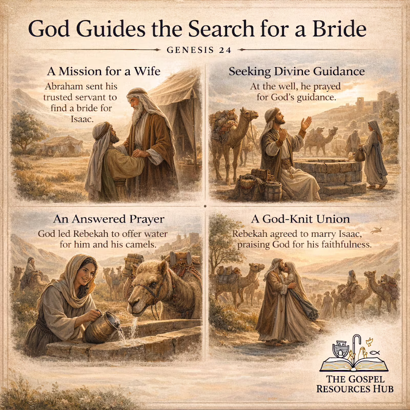 Bible story infographic of Abraham's servant meeting Rebekah at the well in Genesis 24 for a kids Sunday school lesson