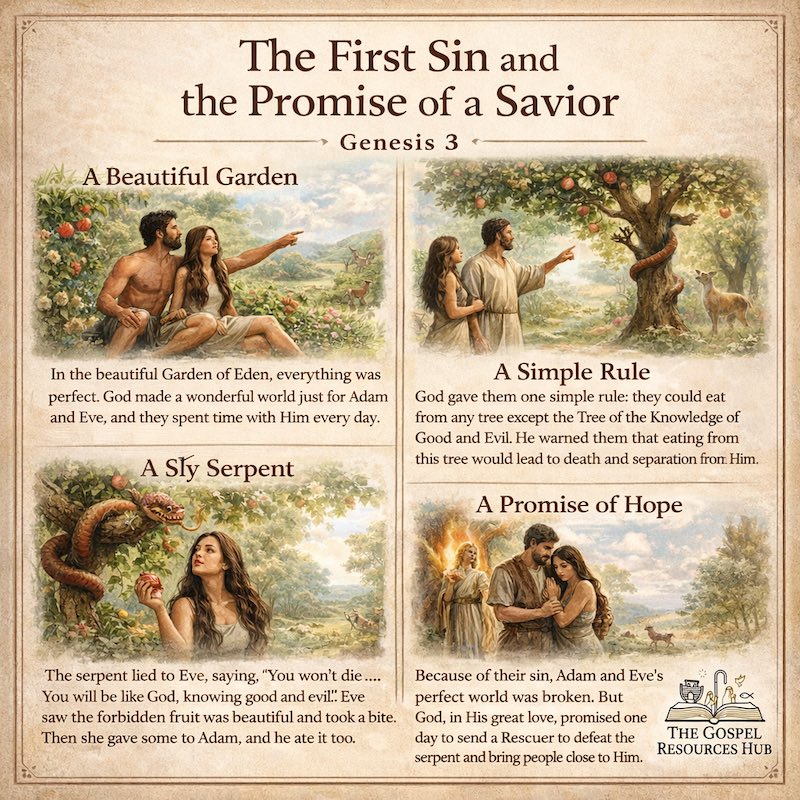 Genesis 3 Bible lesson for kids showing Adam and Eve in the Garden of Eden and the promise of a Rescuer